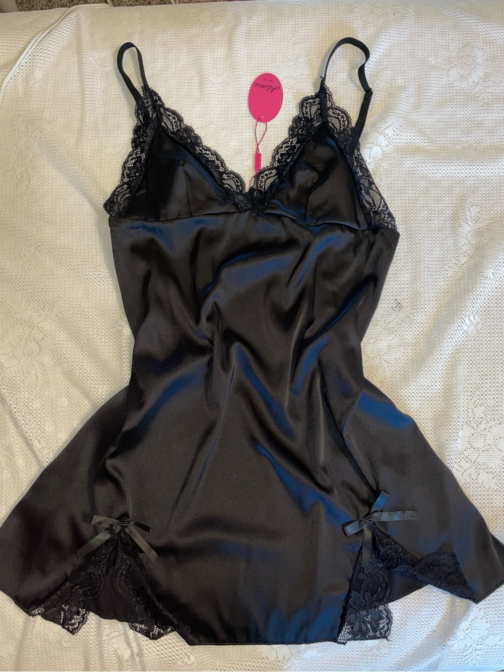 Satin Lace Trim Black Chemise with Adjustable Straps